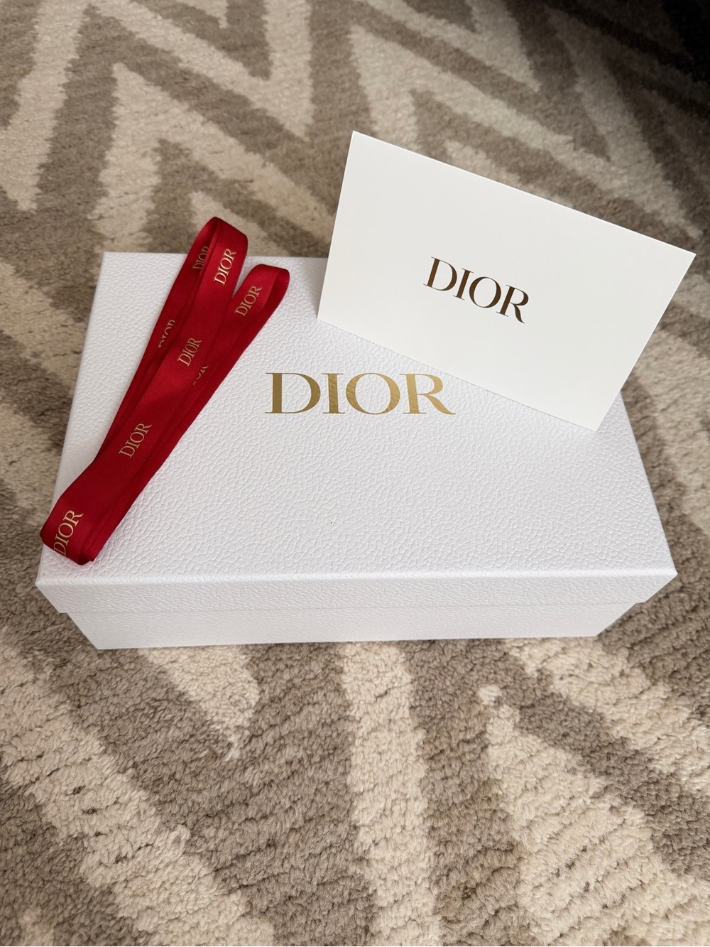 Dior White Box with Gold Logo and Red Branded Ribbon